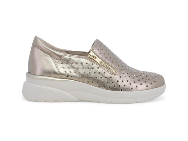 Melluso Scarpa Donna Pelle Microforata Strass Zip Elastico Zeppa